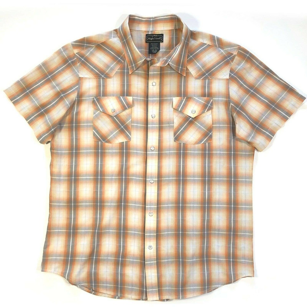 High Noon Pearl Snap Shirt Mens Sz LG Orange Plaid Short Sleeve Pockets Western